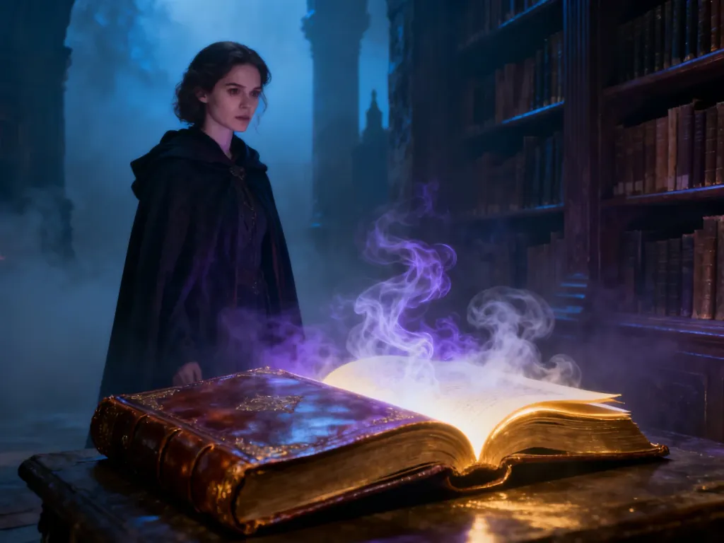 Tajemnicza kobieta w mrocznej bibliotece z magiczną, świecącą księgą, ilustrująca zagadkową naturę wiedzy.