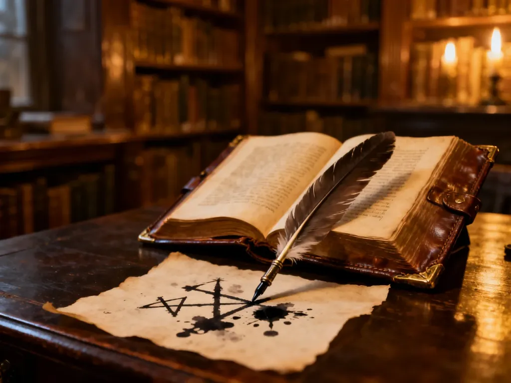 Antyczna księga z piórem na drewnianym biurku w klimatycznej bibliotece, nawiązująca do etymologii i znaczenia słów.