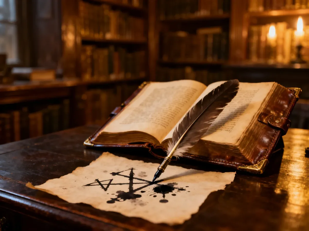 Antyczna księga z piórem na drewnianym biurku w klimatycznej bibliotece, nawiązująca do etymologii i znaczenia słów.
