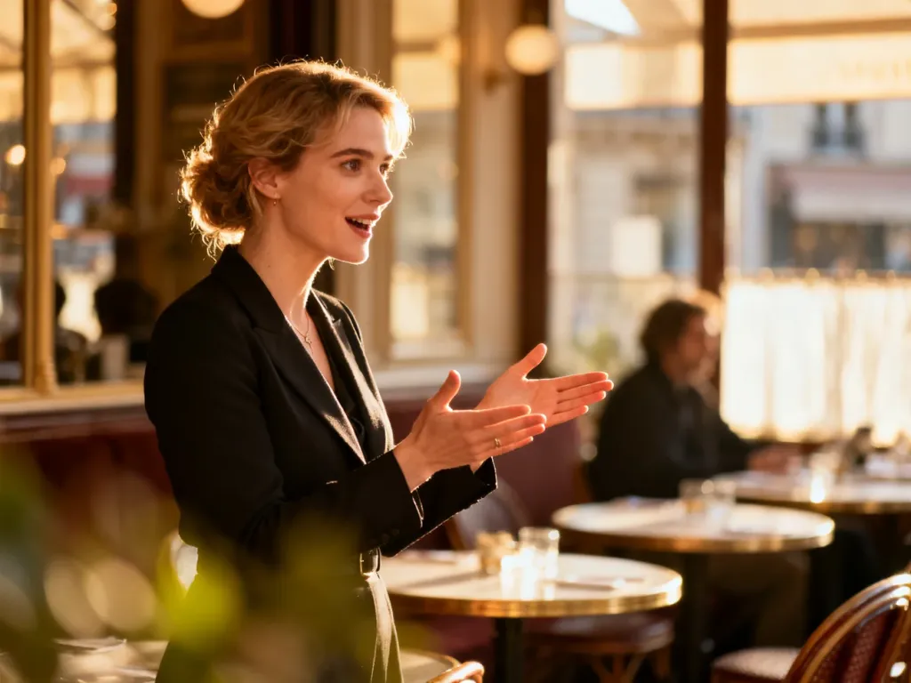 Kobieta w paryskim bistro wykonuje gest prezentacji, ilustrując użycie słowa „voilà” w codziennej komunikacji.